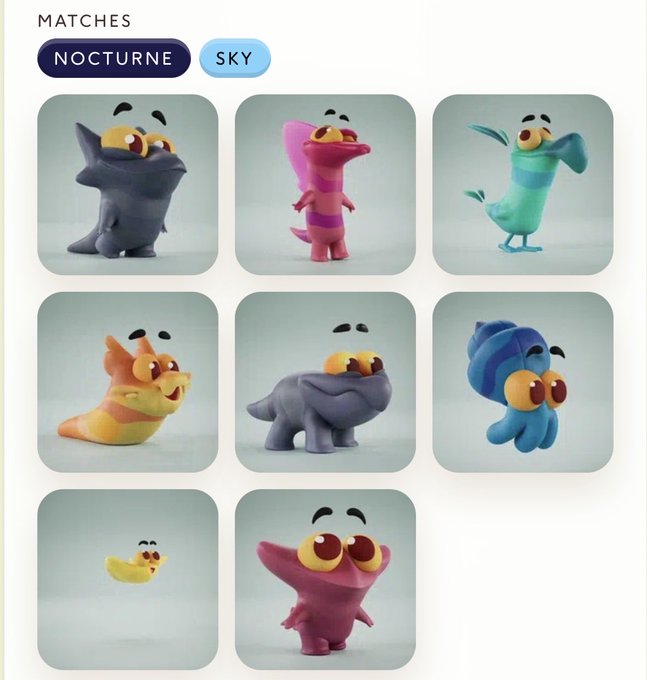 A game interface showing a 'MATCHES' section with 'NOCTURNE' and 'SKY' tabs, displaying a grid of 7 colorful clay-like creature characters with googly eyes, including a gray dinosaur, pink axolotl, teal bird, orange slug, blue frog, blue seahorse, yellow duck, and pink fish.