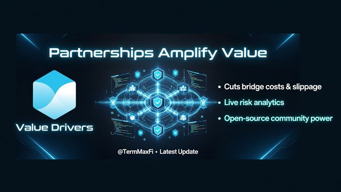 A dark blue promotional graphic titled "Partnerships Amplify Value" by TermMaxFi, listing features like "Cuts bridge costs & slippage," "Live risk analytics," and "Open-source community power" under the "Value Drivers" logo.