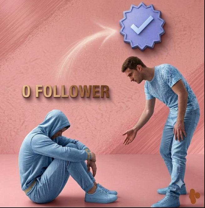 Digital illustration showing a person in a hoodie sitting on the ground labeled '0 FOLLOWER' while another person in a blue shirt reaches out to help them, with a verified checkmark badge floating above.