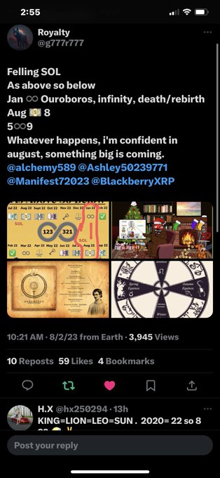 A tweet from user Royalty (@gT77r777) about feeling 'SOL' with references to alchemy, ouroboros, infinity, and death/rebirth, showing images of calendars and charts.