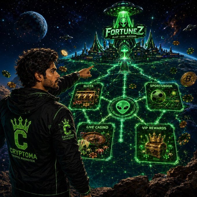 A promotional graphic for FortuneZ featuring a man pointing toward a green alien-themed casino and sportsbook interface, with sections for Slots, Sportsbook, Live Casino, and VIP Rewards.