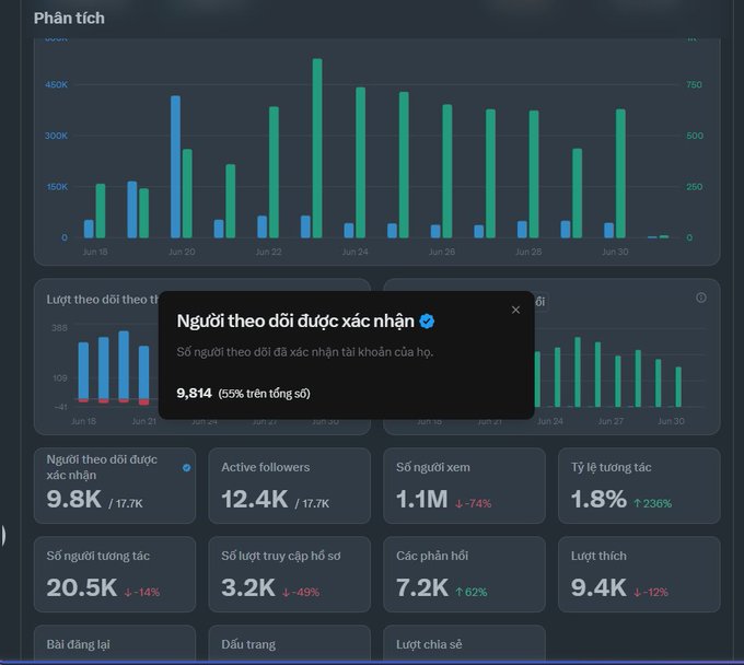 A social media analytics dashboard in Vietnamese ('Phân tích') displaying metrics like 9.8K personal followers, 12.4K active followers, 1.1M profile views, and a popup confirming 9,814 verified personal followers.