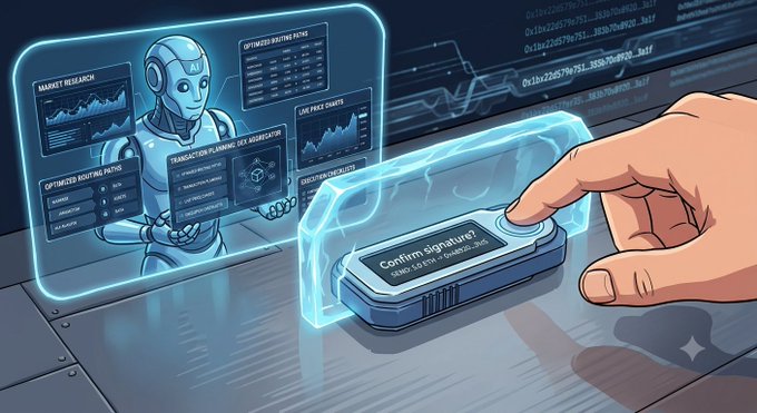 An illustrated image showing a hand pressing a button labeled 'Confirm signature' on a device, with a holographic robot figure displaying trading dashboards including 'Market Research', 'Live Price Charts', and 'Optimized Routing Paths' for transaction planning and arbitrage.