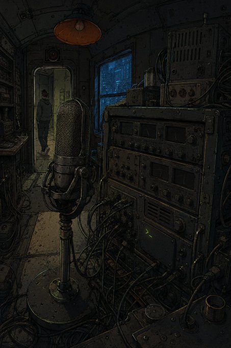 An illustrated scene depicts a dimly lit vintage recording booth or radio station interior with old microphones, electronic equipment, tangled wires, and a figure standing in a doorway.