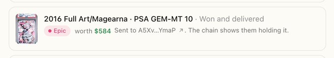 The image shows a delivery notification confirming that a "2016 Full Art/Magearna · PSA GEM-MT 10" Pokémon card, valued at $584, was sent to a recipient and can be seen being held on-chain, corresponding to the winner of an Epic pack draw for holding 0.03% of the $PKMN50 token supply.