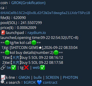 A crypto listing for 'GROK (Grokitification)' showing details including a market cap of 6,209,090 and pool of 241.5507, with timestamps and 'kol buy details' indicating purchases on launchpad raydium.io.