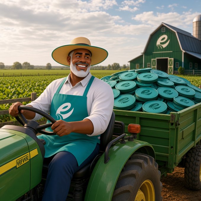 A 3D-rendered cartoon-style image features a smiling older man in a straw hat and teal apron driving a green tractor loaded with green-lidded containers, set against a farm with a green barn.
