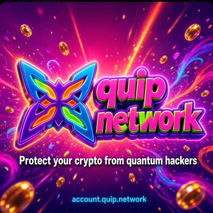 A vibrant promotional graphic for 'quip network' featuring a colorful butterfly logo, the tagline 'Protect your crypto from quantum hackers', and the URL account.quip.network.