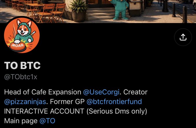 The image shows a Twitter/X profile for "TO BTC" (@TObtc1x), which impersonates the real TO by using a similar corgi mascot logo and referencing @UseCorgi and @btcfrontierfund in the bio. This matches the accompanying post, where the real TO warns followers that this is a scammer's account impersonating him and asks them to report it.
