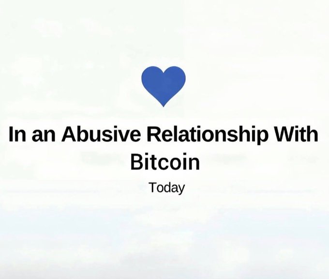 A Facebook-style meme featuring a blue heart icon with the text "In an Abusive Relationship With Bitcoin" posted "Today," reflecting the emotional turmoil crypto investors often experience with Bitcoin's volatile price swings.