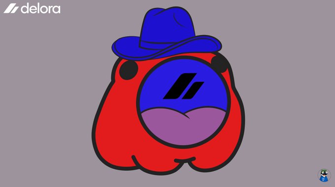 A stylized mascot graphic for 'delora' featuring a red blob-like character with a blue cowboy hat and a 'd' logo on its face.
