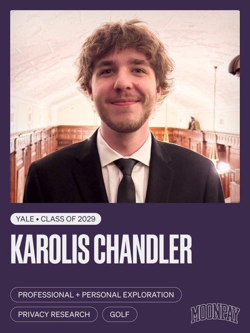 A profile card for Karolis Chandler, Yale Class of 2029, featuring a photo of a smiling young man in a suit and tie, with tags indicating interests in "Professional + Personal Exploration," "Privacy Research," and "Golf," branded with the MoonPay logo.