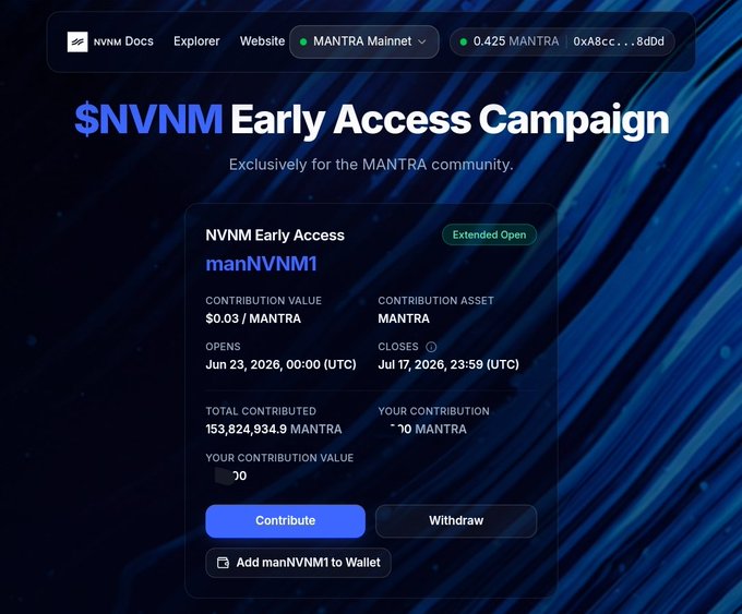 A NVNM Early Access Campaign webpage for the MANTRA community, showing a contribution value of $0.03/MANTRA for the manNVNM1 asset, opening Jun 23, 2026, and closing Jul 17, 2026, with total contributed at 153,824,934.9 MANTRA.