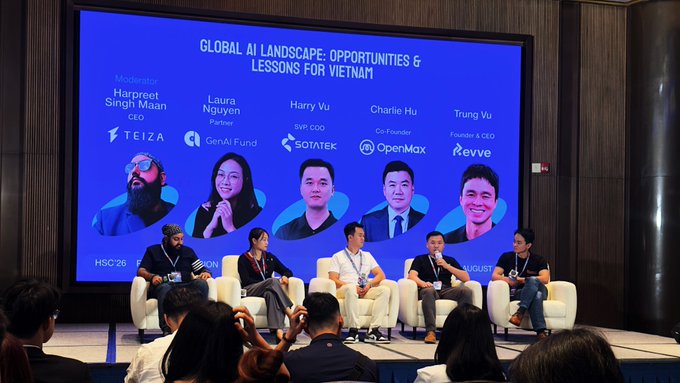 A panel discussion titled 'GLOBAL AI LANDSCAPE: OPPORTUNITIES & LESSONS FOR VIETNAM' featuring speakers Harpreet Singh Maan (TEIZA), Laura Nguyen (GenAI Fund), Harry Vu (SOTATEK), Charlie Hu (OpenMax), and Trung Vu (revve).