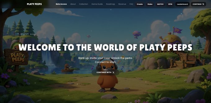 The Platy Peeps website landing page with a 'Welcome to the World of Platy Peeps' headline over a cartoon 3D landscape with an orange bird-like character mascot.