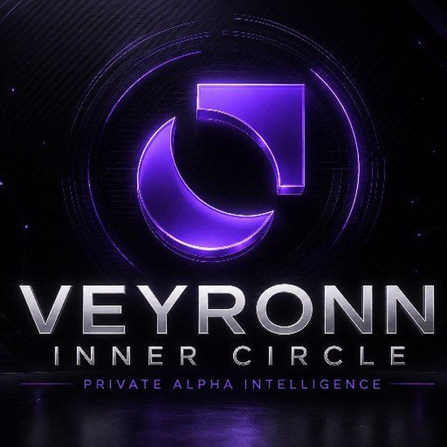 A stylized logo for 'VEYRONN INNER CIRCLE' featuring a purple glowing crescent moon symbol, with the subtitle 'PRIVATE ALPHA INTELLIGENCE'.