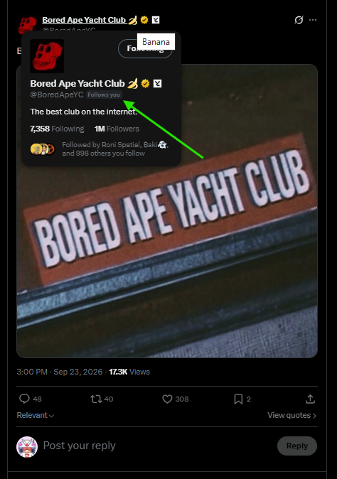 A screenshot of a Twitter/X post from 'Bored Ape Yacht Club' (@BoredApeYC) features a video still of the BAYC sign, with a green arrow pointing to a tooltip that displays a manipulated name 'Banana' over the original 'Bored Ape Yacht Club' text.