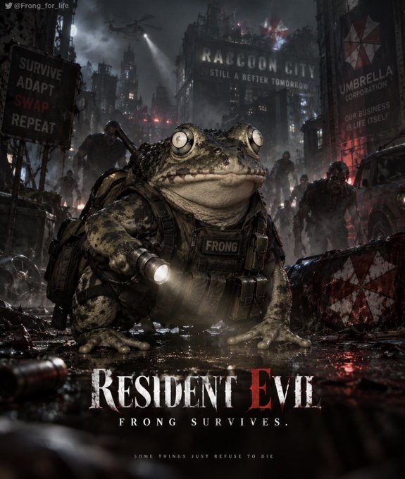 A fan-made 'Resident Evil' poster titled 'FRONG SURVIVES' depicts a toad wearing military gear and holding a flashlight, with the tagline 'SOME THINGS JUST REFUSE TO DIE,' set in a ruined 'Raccoon City.'