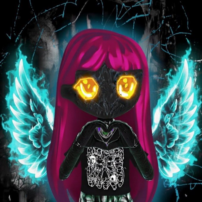 A stylized, dark cartoonish character with glowing yellow eyes, pink hair, and cyan wings against a shadowy, gothic background.