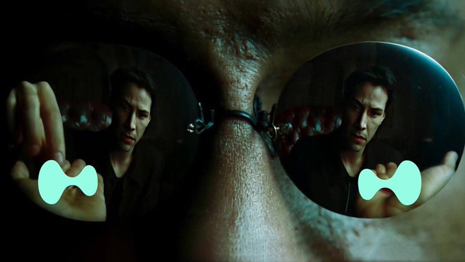 A close-up cinematic image shows eyes reflected in sunglasses, with the reflection of a man reaching forward, reminiscent of the 'Matrix' film, though the pupils are obscured by teal shapes.