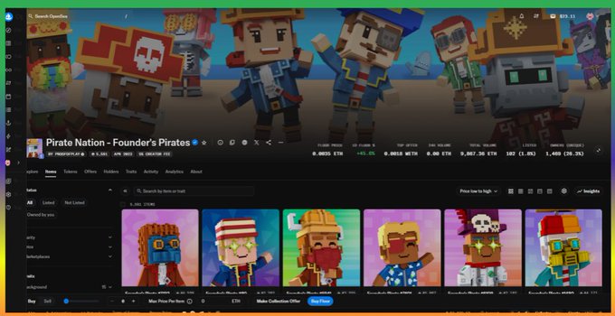 A screenshot of a Magic Eden NFT collection page for 'Pirate Nation - Founder's Pirates' displaying pixel-art pirate avatars with price and activity statistics.