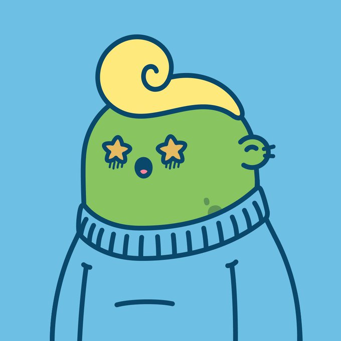 A cartoon illustration of a green character with a yellow curled tuft of hair, star-shaped eyes, and a blue turtleneck sweater against a blue background.