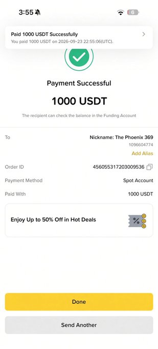 A mobile app payment confirmation screen showing a successful 1000 USDT transfer to 'The Phoenix 369' via Spot Account, with Order ID 4560553172030099536.