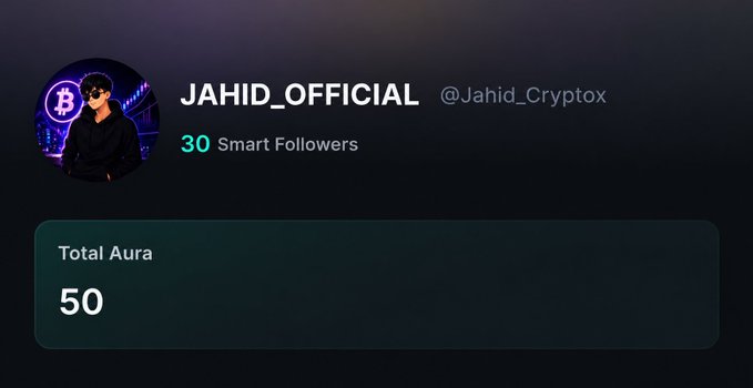 A dark profile-style interface shows “JAHID_OFFICIAL,” the handle “@Jahid_Cryptox,” “30 Smart Followers,” and a card labeled “Total Aura” with the value “50.”