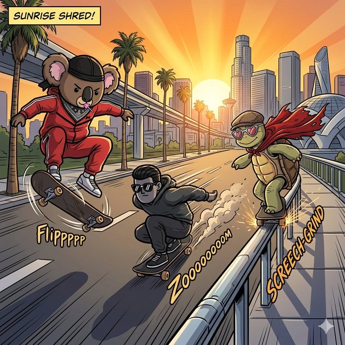 The image features a cartoon scene of three cartoon characters, including a koala bear wearing a red shirt, riding skateboards through an urban setting with buildings and palm trees. One character appears to be jumping over another character who is riding on a rail. The text in the image reads "Sunrise shred! @Zer0.000 @heyshellmates along for the ride @ThePenimals moving and doing big things This trio would would burn it downnnn".