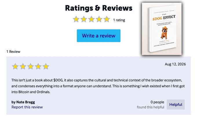 A "Ratings & Reviews" section shows a 5-star rating for a book called "THE $DOG EFFECT" featuring a Shiba Inu on the cover, with a review by Nate Bragg dated Aug 12, 2026 praising its coverage of Bitcoin, Ordinals, and the $DOG ecosystem.