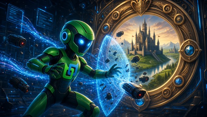 A digital fantasy artwork depicting a green robotic figure holding a glowing blue energy shield, looking through a portal at a medieval castle landscape with floating drone-like devices.