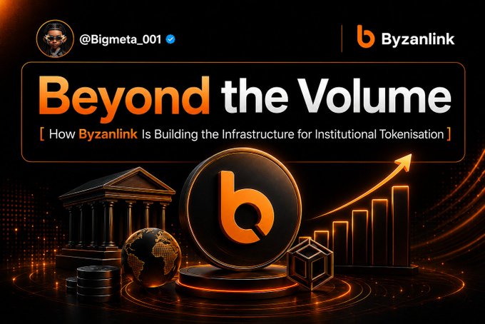 A promotional graphic for Byzanlink featuring the headline "Beyond the Volume: How Byzanlink Is Building the Infrastructure for Institutional Tokenisation," accompanied by the @Bigmeta_001 handle and visual elements like a glowing "b" logo, a bank-like building, a globe, and an upward-trending bar chart that reinforce the post's message about powering RWA finance infrastructure.