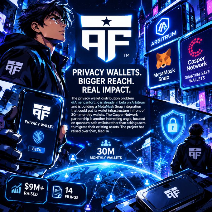 An American Fortress promotional graphic featuring 'PRIVACY WALLETS. BIGGER REACH. REAL IMPACT.' with details about MetaMask Snap integration, $9M+ raised, and partnerships with Arbitrum and Casper Network.