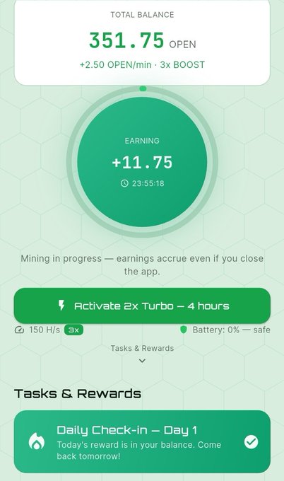 A mobile app screen showing a crypto mining interface with 351.75 OPEN total balance, +11.75 earnings, mining in progress at 150 H/s with 3x boost, and a Daily Check-in Day 1 task completed.