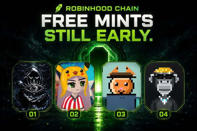 A promotional graphic for 'ROBINHOOD CHAIN FREE MINTS STILL EARLY' featuring four NFT characters numbered 01-04 in framed displays.