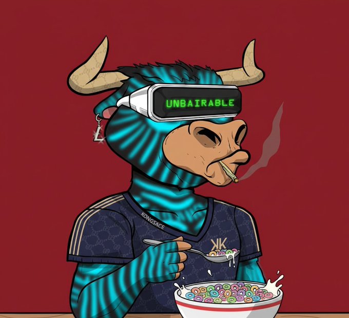 A cartoon bull with cyan striped fur wears a VR headset displaying "UNBAIRABLE" and a jersey labeled "KONG$ACE," smoking a cigar while eating a bowl of colorful cereal with milk splashing out.
