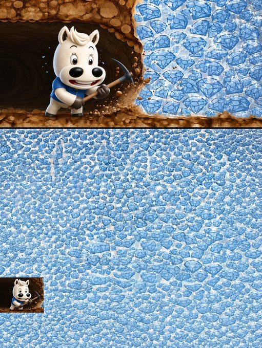 An abstract, surreal image showing a small cartoon husky miner digging into a brown surface, with the rest of the image filled with a repeating blue and white cracked ice-like pattern.