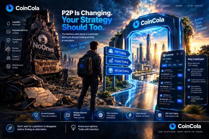The image is a promotional banner for CoinCola, contrasting a crumbling NoOnes platform labeled "WINDING DOWN" with CoinCola's modern interface offering P2P Trading, Crypto Trading, and Gift Card Trading, reinforcing the post's message that traders should diversify their P2P strategies rather than relying on a single marketplace.