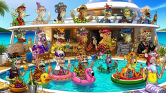 The image features a cartoon scene of many people swimming in a pool, with some wearing party hats. The pool area also has a bar and dining table nearby. There are several characters from popular culture depicted in the scene, including a character named "Ape" who is sitting at the bar. The post includes text that reads: "很幸运的加入中国 BAYC 想结识全世界 NFT再次伟大 一只猿猴 = 一个身份 + 一段传奇 6 月底上海见 NFT 文艺复兴 Bored Ape Yacht Club 华语猴王： @veratheape 大猴子 （ME) #6461". The image is a collage of various elements, including the characters and their surroundings.