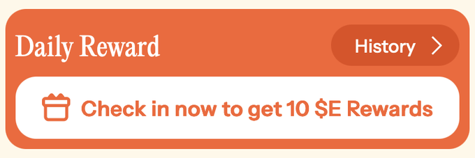 An orange "Daily Reward" banner invites users to "Check in now to get 10 $E Rewards," reinforcing the post's call-to-action to claim 10 $E (~$3.3 USDT) simply by checking in.