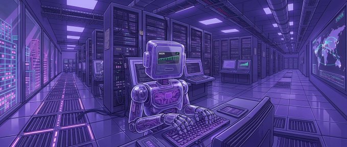 A retro-futuristic robot sits at a keyboard in a glowing purple server room, surrounded by blinking monitors and networking equipment, evoking the blockchain/crypto aesthetic that ties into the promotional post offering a whitelist spot for Monad Brokers.