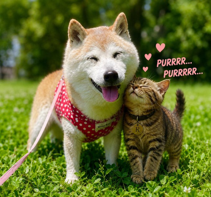 A smiling Shiba Inu dog wearing a red polka-dot harness stands on grass next to a tabby cat with closed eyes, with pink text reading 'PURRRR... PURRRR...' and heart graphics above the cat.