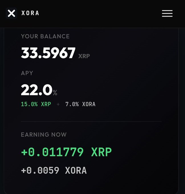 A screenshot of the XORA platform dashboard showing a user's XRP balance of 33.5967 XRP, an APY of 22.0% (15.0% XRP + 7.0% XORA), and current earnings of +0.011779 XRP and +0.0059 XORA, illustrating the live yield features highlighted in the promotional post.