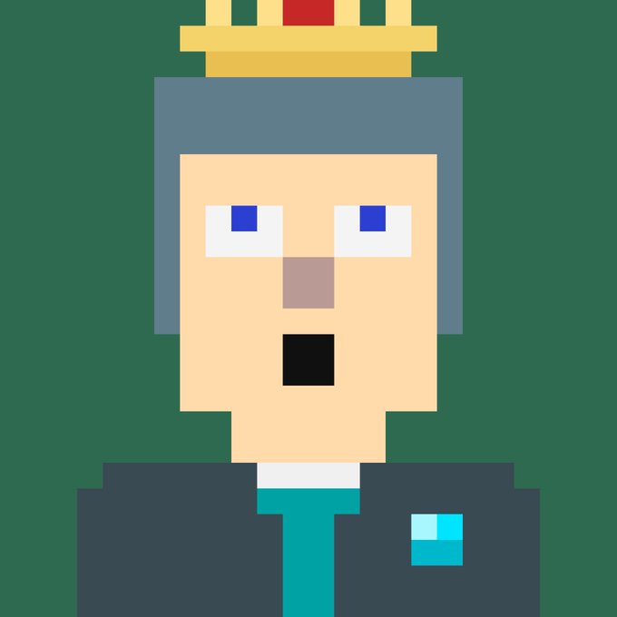 A pixel art portrait of a wide-eyed character with grey hair, a crown, and a blue suit against a dark green background.