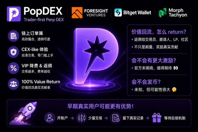 Promotional graphic for 'PopDEX' branded as a 'Trader-first Perp DEX,' alongside logos for FORESIGHT VENTURES, Bitget Wallet, and Morph Tachyon, highlighting features like 'CEX-like' experience and '100% Value Return' with Chinese text including '价值回流，怎么 return?'.