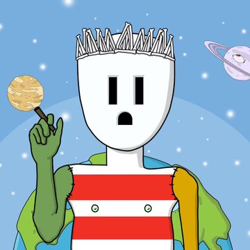 A simple digital drawing of a shocked character with messy white hair, wearing a red and white striped shirt with a green cape, holding a moon-shaped lollipop, set against a space background with a planet.