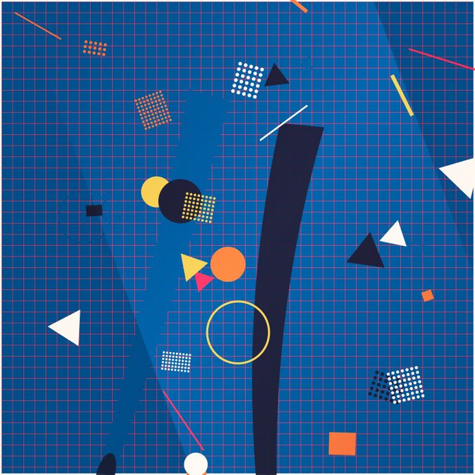An abstract geometric design on a blue grid background featuring various colorful shapes including circles, triangles, squares, and lines in white, yellow, orange, black, and red.