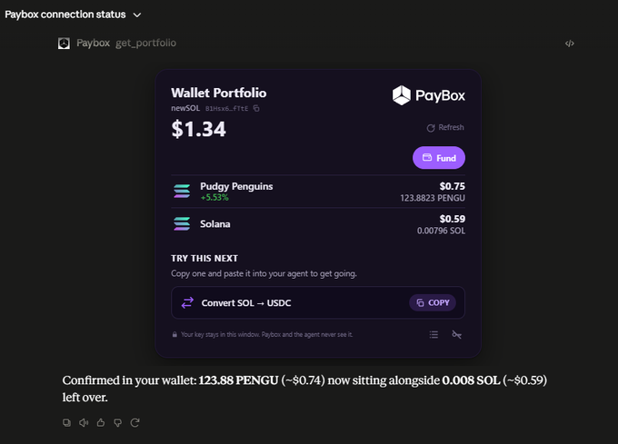A dark-themed 'Paybox get_portfolio' chat interface displays a Wallet Portfolio of $1.34, showing holdings of Pudgy Penguins ($0.75) and Solana ($0.59), with confirmation text below.