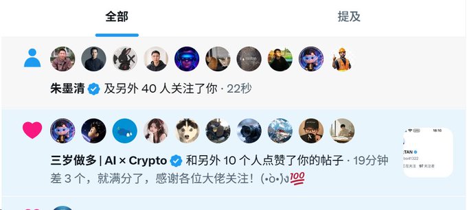 A social media notifications page showing user profile icons and Chinese text indicating new followers and likes, with a specific mention of 'AI x Crypto' and 'TAN' on a card.