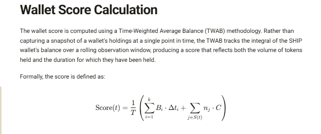 A document titled 'Wallet Score Calculation' explaining the Time-Weighted Average Balance (TWAB) methodology, including a formal mathematical formula: Score(t) = (1/T)(Σ B_i·Δt_i + Σ n_j·C).